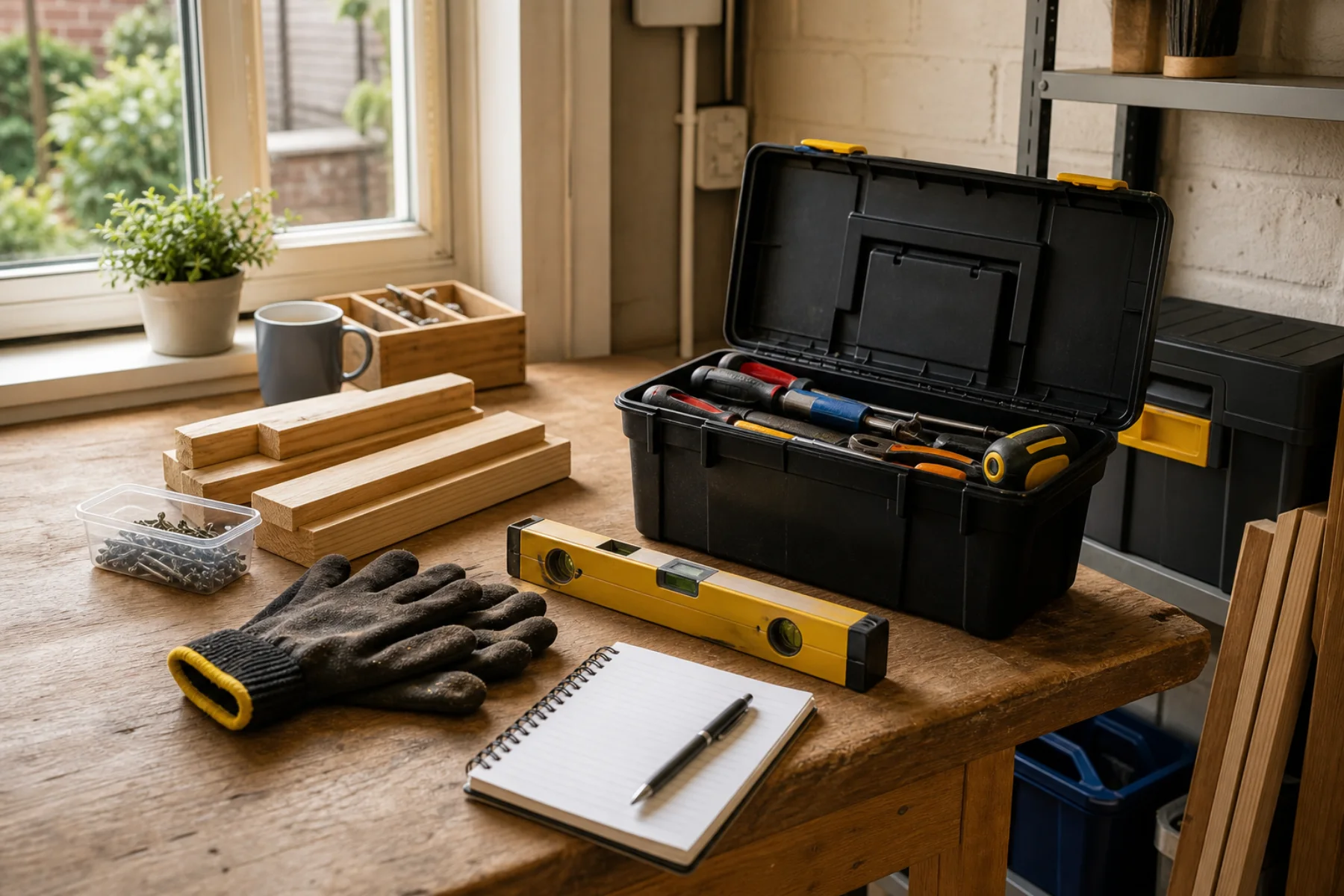 Organised handyman tools and notebook ready for home maintenance work