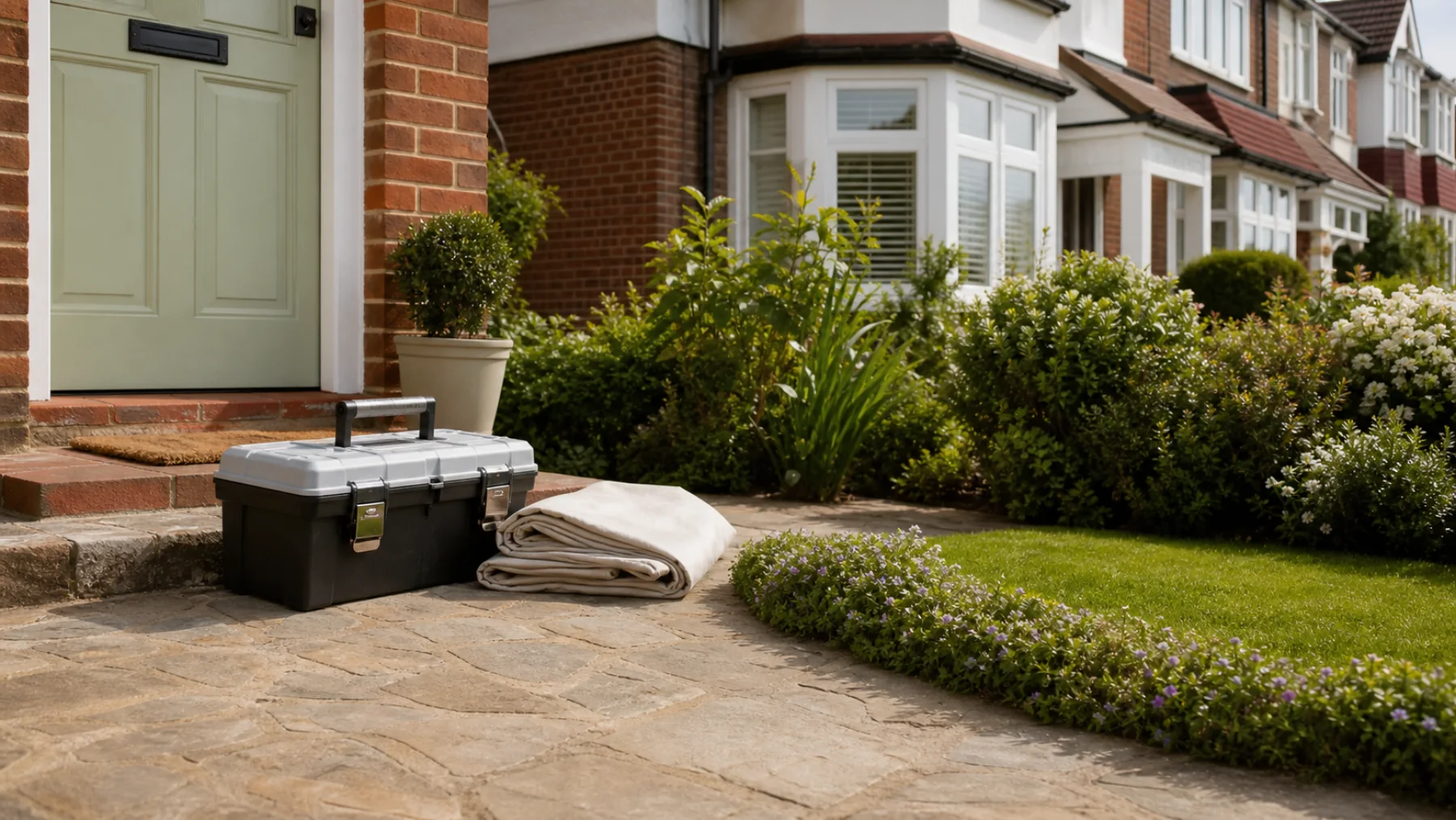Unbranded toolbox outside a clean Surrey style home entrance