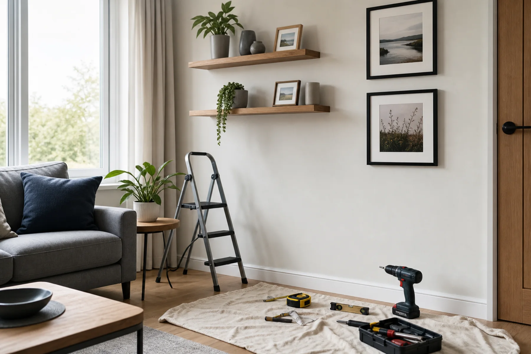 Newly fitted shelves and framed pictures in a tidy UK living room