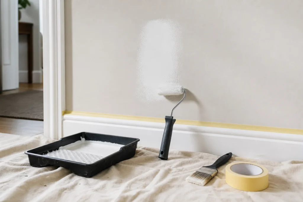 Paint tray, roller and masking tape ready for a small wall touch up