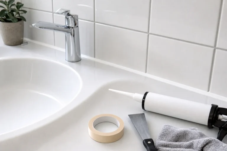Bathroom basin area prepared for neat sealant refresh work