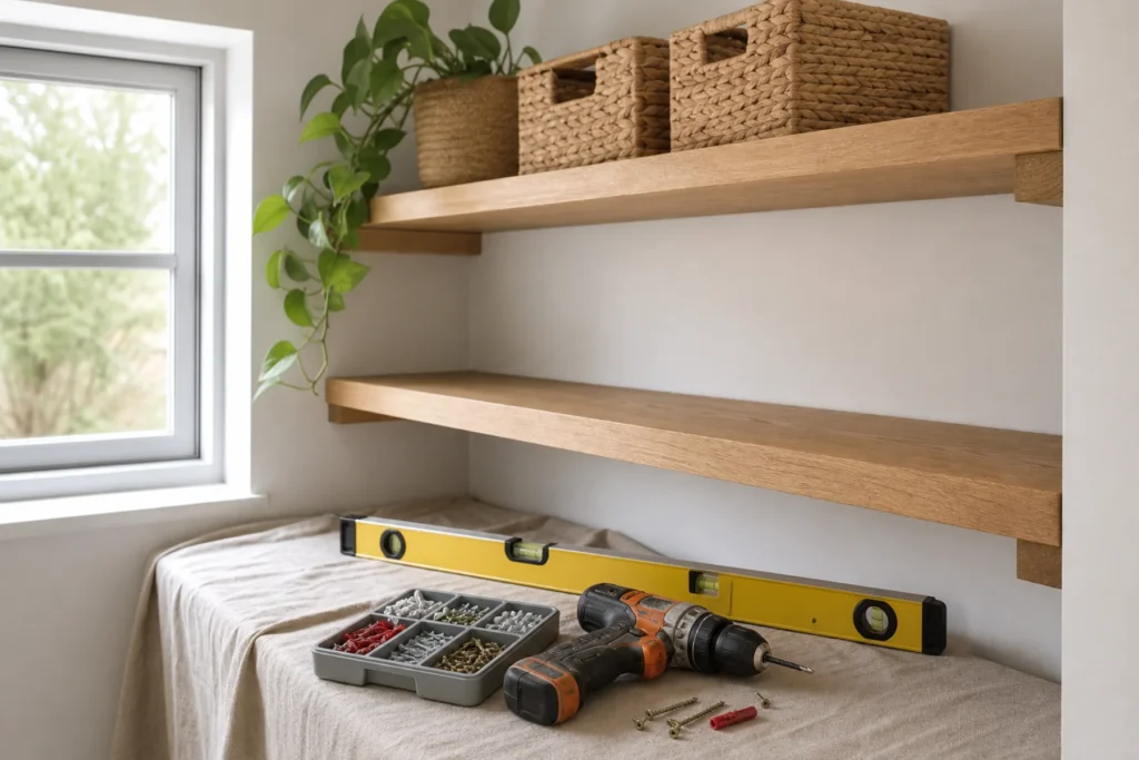 Wooden shelves fitted neatly above a tidy home workspace
