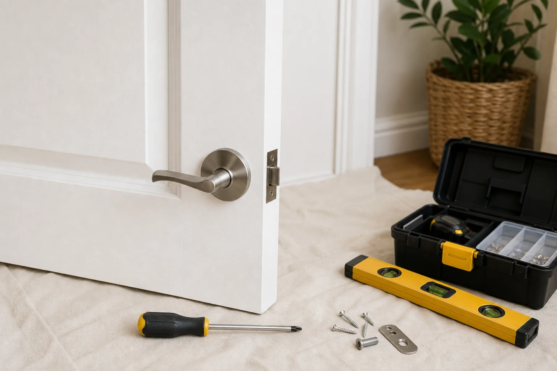 Handyman tools set out for a door handle and hinge repair