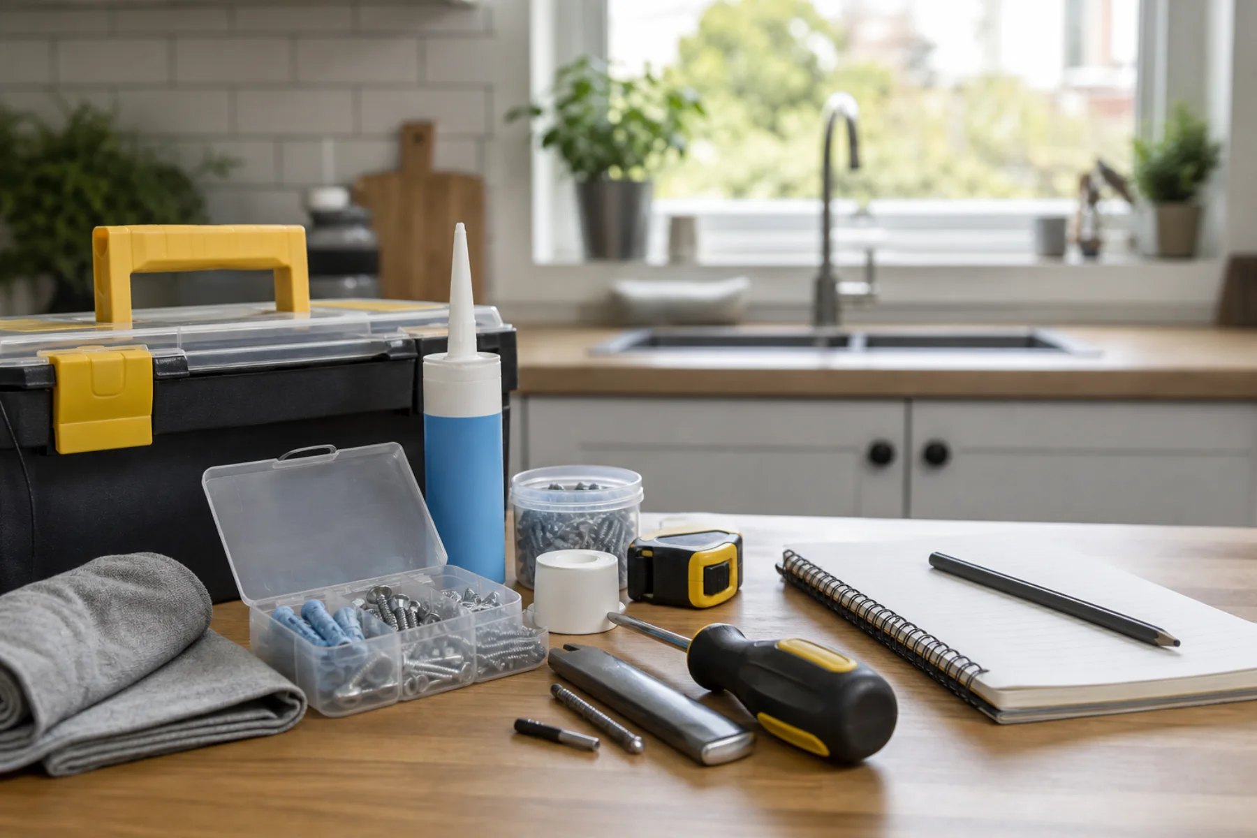 Small repair tools on a kitchen worktop for everyday home maintenance